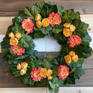 Handmade coral and yellow summer wreath 17x17x2
